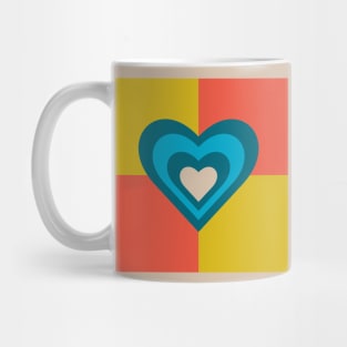 LOVE HEARTS CHECKERBOARD Retro Alt Valentines in Teal Blue Cream on Orange Yellow Geometric Grid - UnBlink Studio by Jackie Tahara Mug